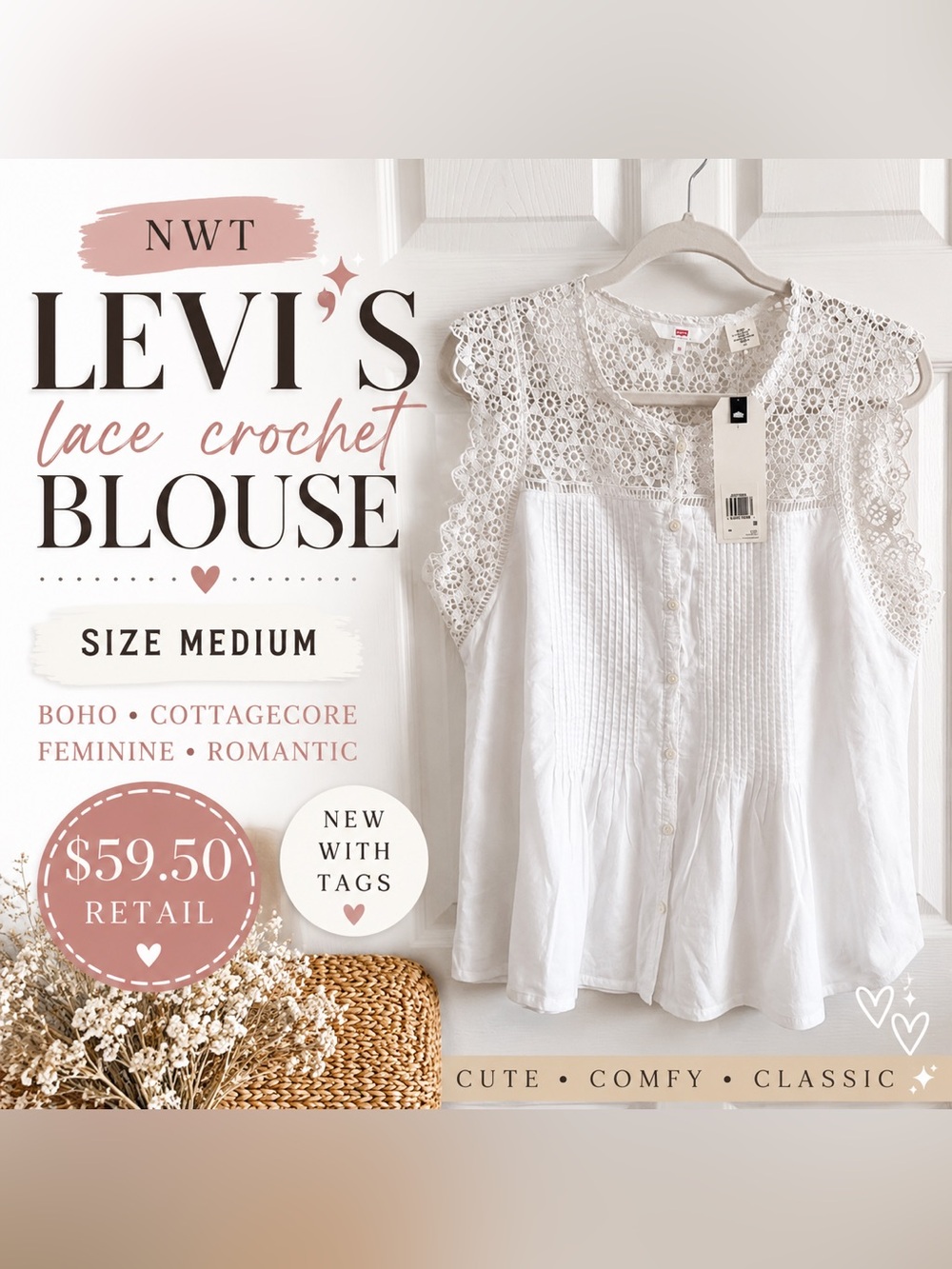 NWT Levi’s White Lace Crochet Blouse Medium Boho Cottagecore Eyelet Cotton Top